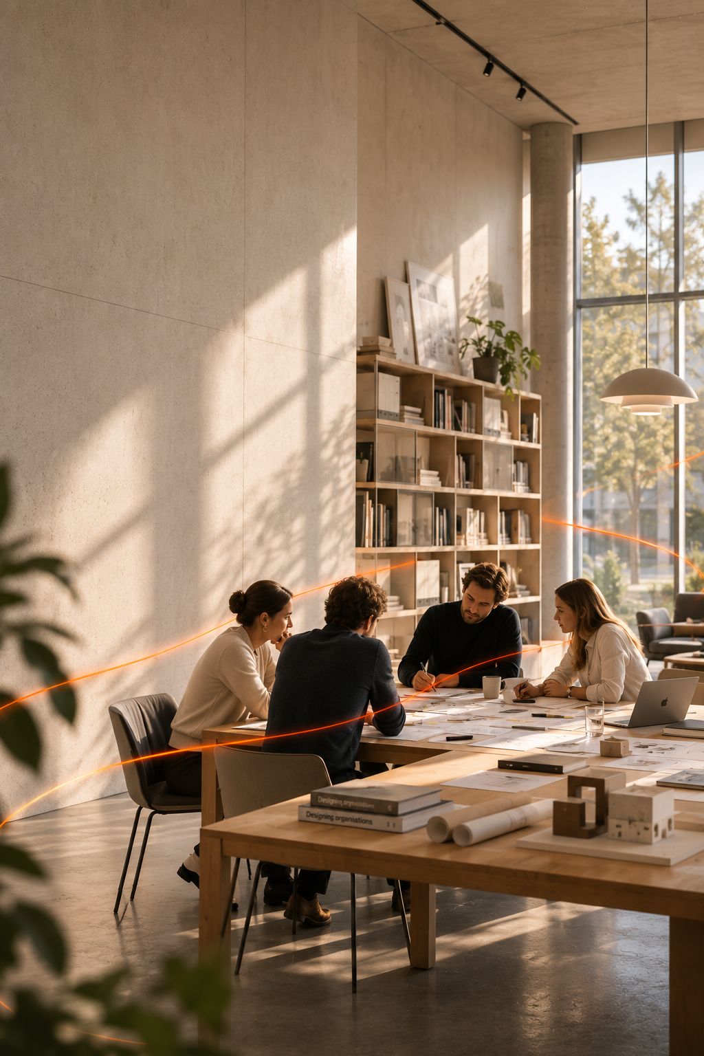 Vier professionals in een lichte, moderne werkruimte, met een gloeiende oranje lijn die door de ruimte loopt en verbinding visualiseert.