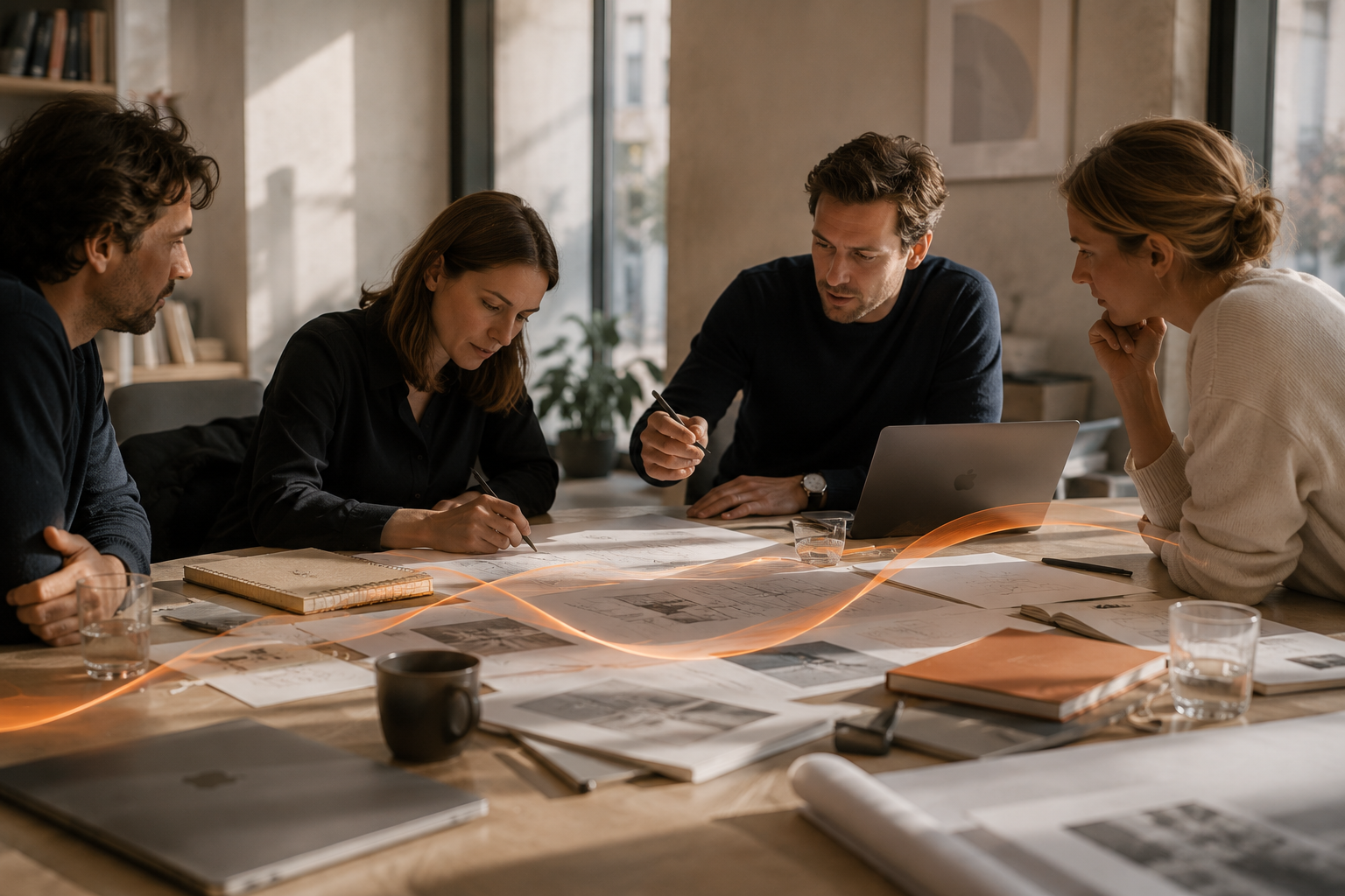 Vier professionals werken samen aan een tafel vol plannen, met een gloeiende oranje lijn die verbinding visualiseert